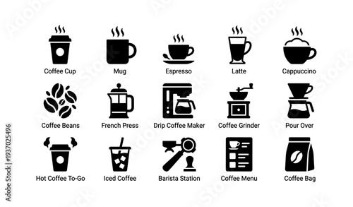 Coffee icons collection with brewing methods and tools