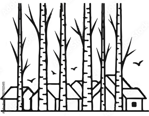 Stylized line art of a forest with houses and birds flying above