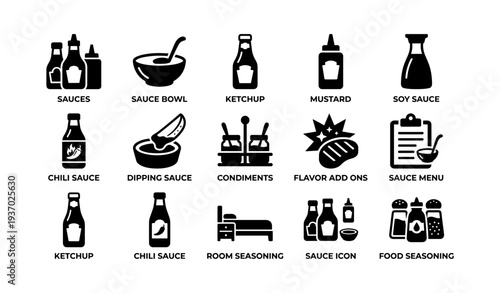 Variety of sauces and condiments icons collection in black and white