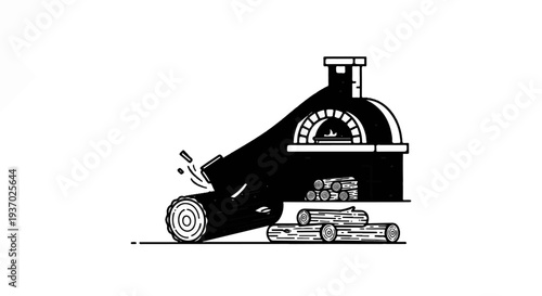 Wood-fired oven with stacked logs and a falling log