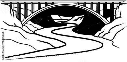 Stylized drawing of a large arched bridge over a winding river