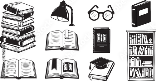 Illustration of various books and reading accessories in black