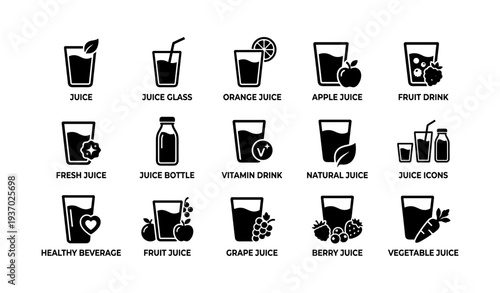 Juice icons collection: orange, apple, fresh, natural, berry, vegetable, vitamin drinks