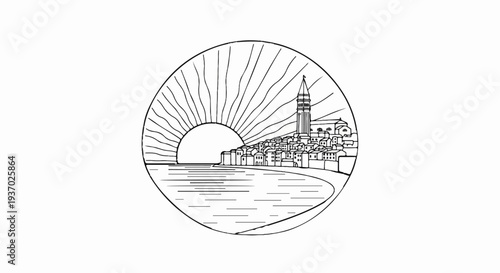 Stylized circular sketch of a coastal town with a sunset