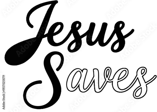 Black and white calligraphy of "Jesus Saves" in script font