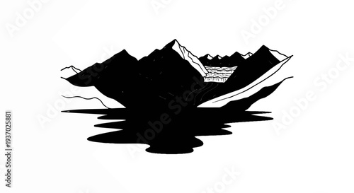 Stylized graphic of a mountain range with a glacier overlooking a dark, reflective body of water