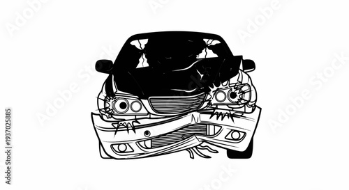 Stylized black and white illustration of a crumpled, damaged car facing forward