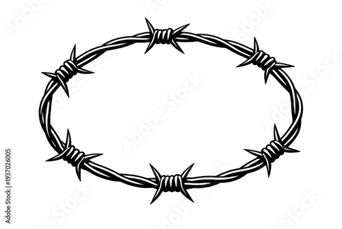 Black and white oval barbed wire frame vector image. Sharp spikes, rugged texture. Great for tattoo, punk, grunge designs. Symbolizes danger, security, boundaries, strength. Iconic and powerful, offer