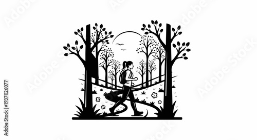 Silhouette of a woman running through a forest at sunrise