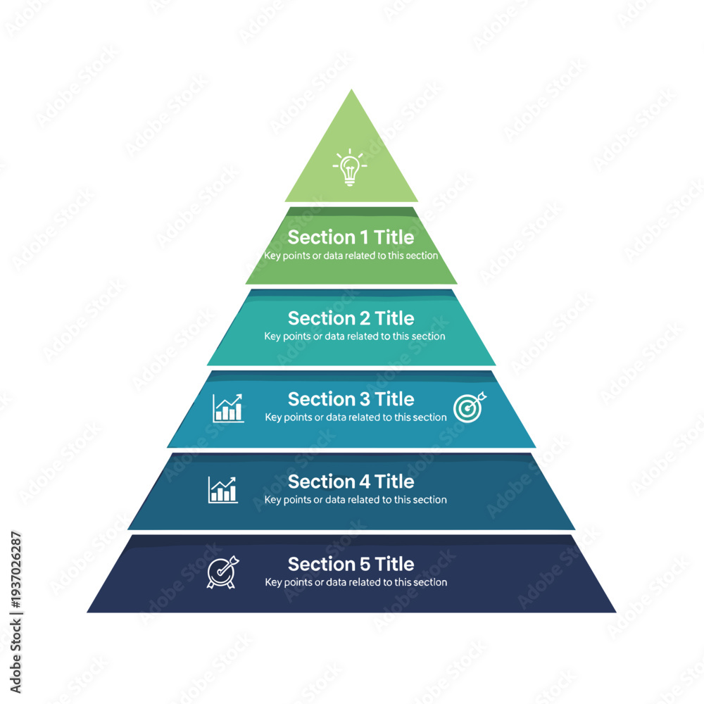Fototapeta premium A multi-level pyramid infographic template for business presentations, showing five distinct sections with icons and text placeholders for data and key points.