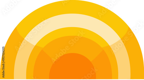 A semi-circular abstract design composed of several concentric arcs in shades of yellow and orange