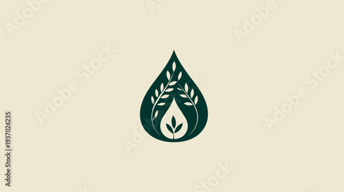 A stylized nature-inspired emblem with a teardrop shape containing leaves