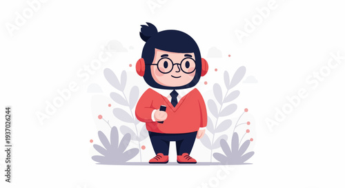 Cute cartoon character with headphones and phone, surrounded by abstract leaves