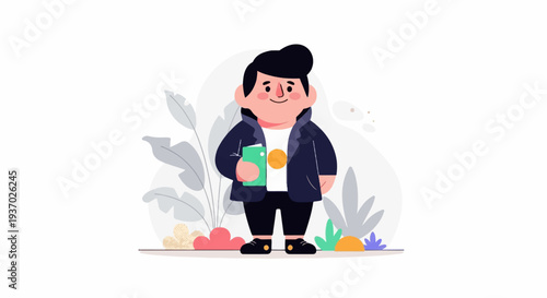 A plump, cheerful cartoon person in a jacket and t-shirt holds a phone