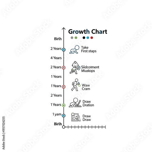 Simple growth chart timeline illustrating developmental milestones from birth to early childhood with stick figures and age markers.