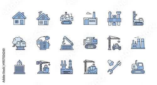 A set of blue and white outline icons featuring diverse construction machinery, industrial buildings, and tools, including excavators, factories, and cranes.