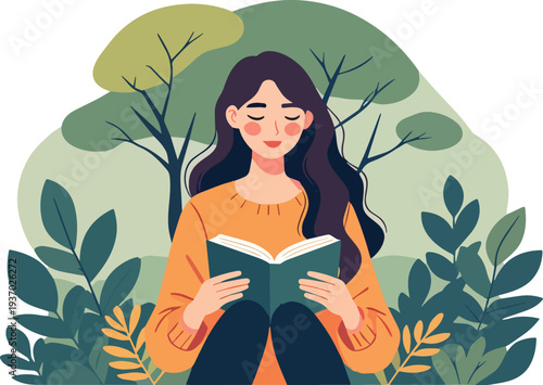 donna che legge un libro romanzo giallo sotto albero in campagna aperta sulla terra erba terreno vettoriale