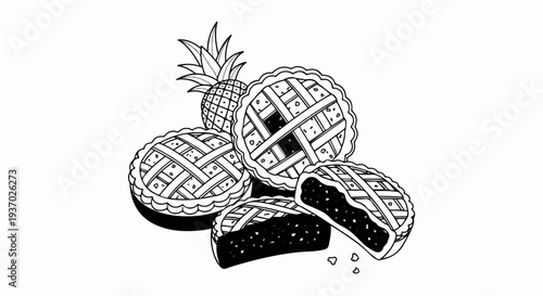 A black and white drawing of a pineapple and several fruit tarts