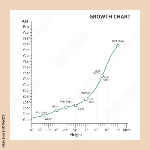 A whimsical and illustrative growth chart depicting a child's developmental milestones over time, with age on the y-axis and height on the x-axis.