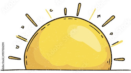 A cartoon-style illustration of a yellow sun with black outlines and rays, resting on a flat base