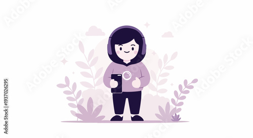 Cheerful cartoon person with headphones and phone stands amidst purple leaves and clouds