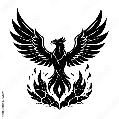 Majestic Black Phoenix Ascending from Fiery Flames, a Powerful Symbol of Rebirth, Resilience, and Triumph. This Iconic Mythical Firebird Illustration Embodies Strength and Eternal Renewal, Perfect for