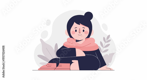 Cozy character in warm clothing with leaves and abstract shapes in the background