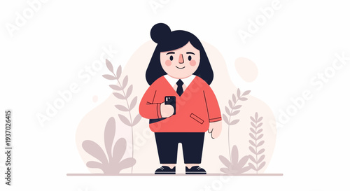 A stylized person with dark hair in a bun wears a coral sweater, white shirt, and black tie, holding a phone