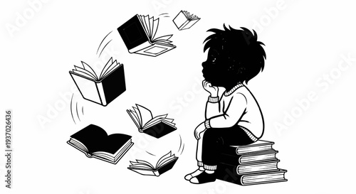 Young person sits on books surrounded by flying open books
