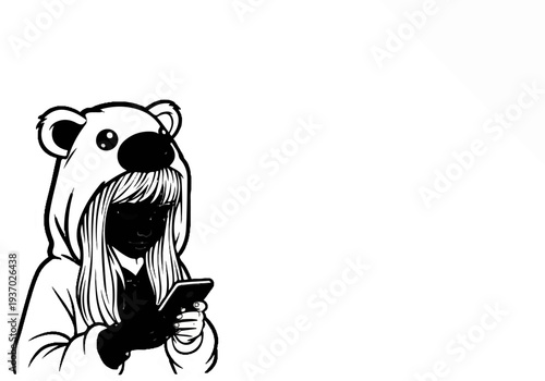 Young person in bear costume hood using a smartphone