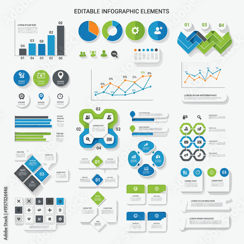A comprehensive collection of editable infographic elements for data visualization and business presentations.