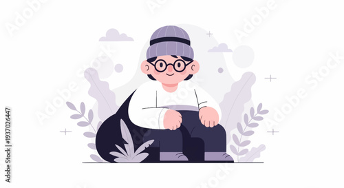 Person in a beanie and glasses sits amidst stylized foliage and clouds