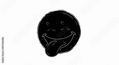 A distressed black circle with a happy, googly-eyed face and tongue sticking out
