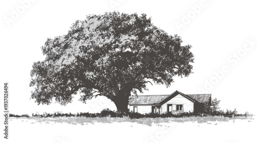 A grayscale artwork depicting a large tree shading a modest house, set in a grassy field