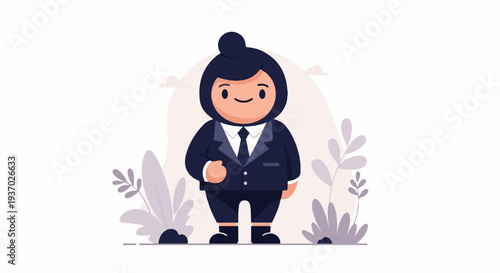 A cartoon figure in a suit stands smiling amidst stylized plants and clouds