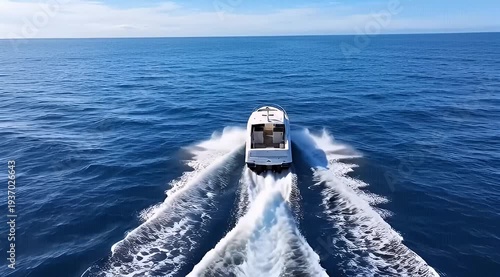 Luxurious private motor yacht sailing through the deep blue sea with impressive wake