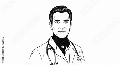 A black and white illustration of a male doctor wearing a stethoscope