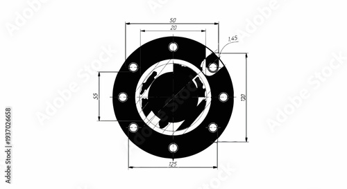 Technical drawing of a circular component with dimensions and bolt holes