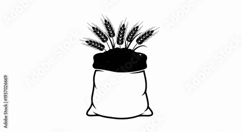 A black and white sketch of a burlap sack overflowing with wheat stalks