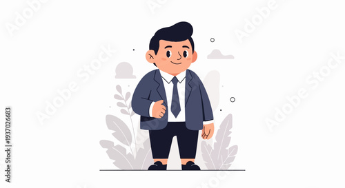 Cheerful businessman in a dark suit, standing among decorative plants and abstract shapes