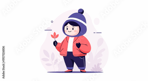 A child in winter attire holds a red leaf amidst a soft, abstract backdrop