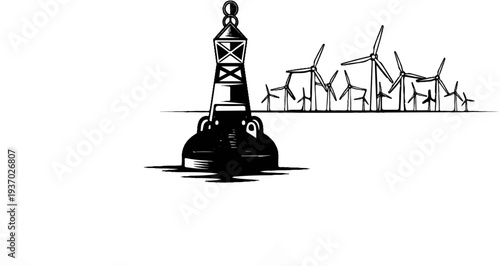 A navigational buoy is shown in the foreground, with wind turbines in the background