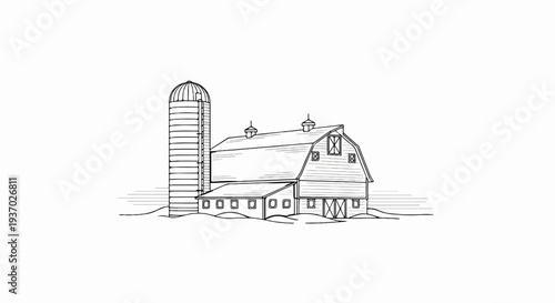 A hand-drawn sketch of a rustic barn and silo on a white background