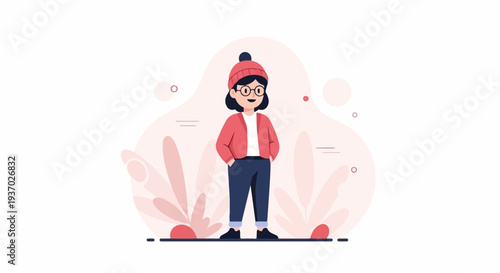 A young person in a red hat and jacket stands with hands in pockets