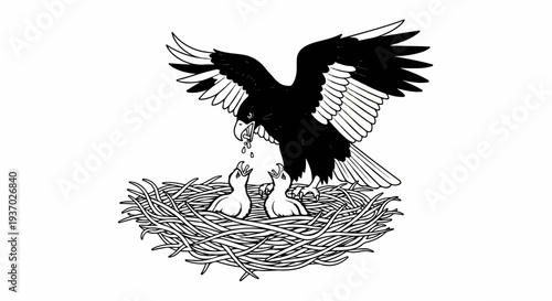A parent eagle feeds its young in a nest
