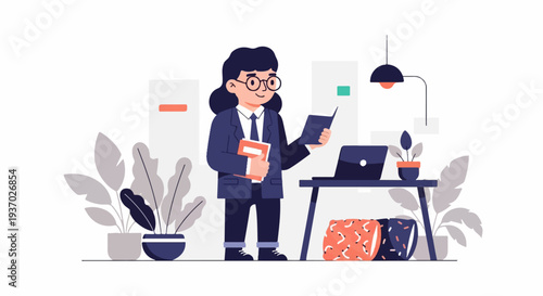 Focused professional studies a book while working at a desk with plants and decor