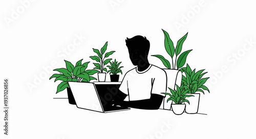 A person working on a laptop surrounded by many potted plants indoors