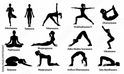 Yoga Poses Silhouettes Set. Women Yoga Asanas Vector Collection.