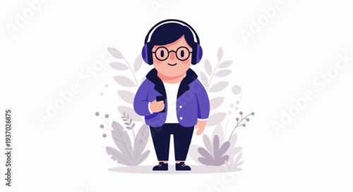 A person with headphones and glasses holds a phone, with plants around