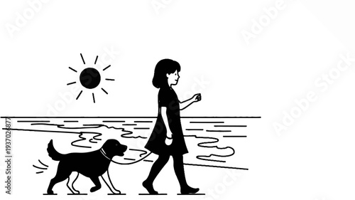 A girl walks her dog on a sunny beach with gentle waves
